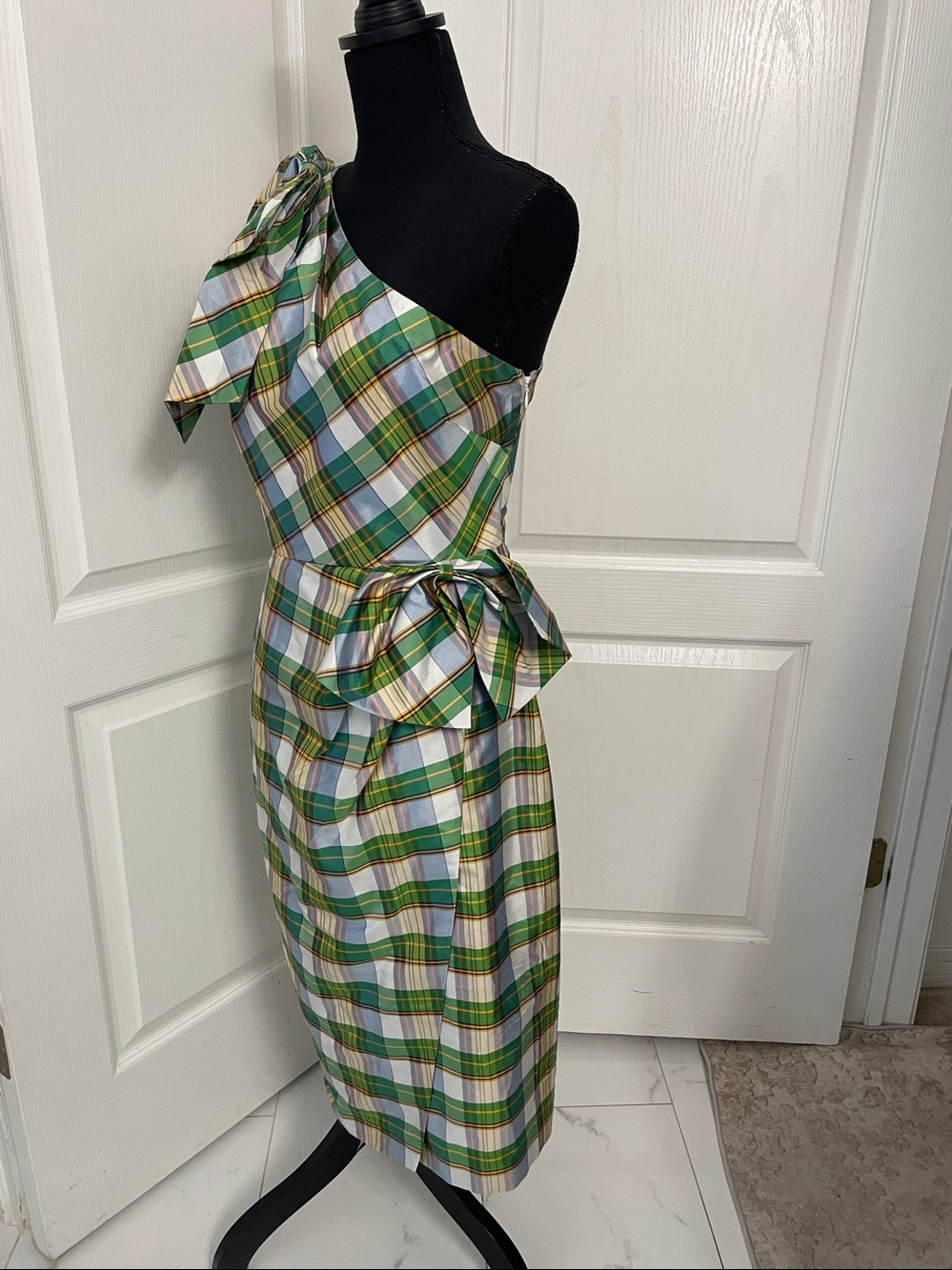 J.Crew one shoulder plaid silk taffeta dress 4 bow dressy wedding cocktail - Picture 6 of 9